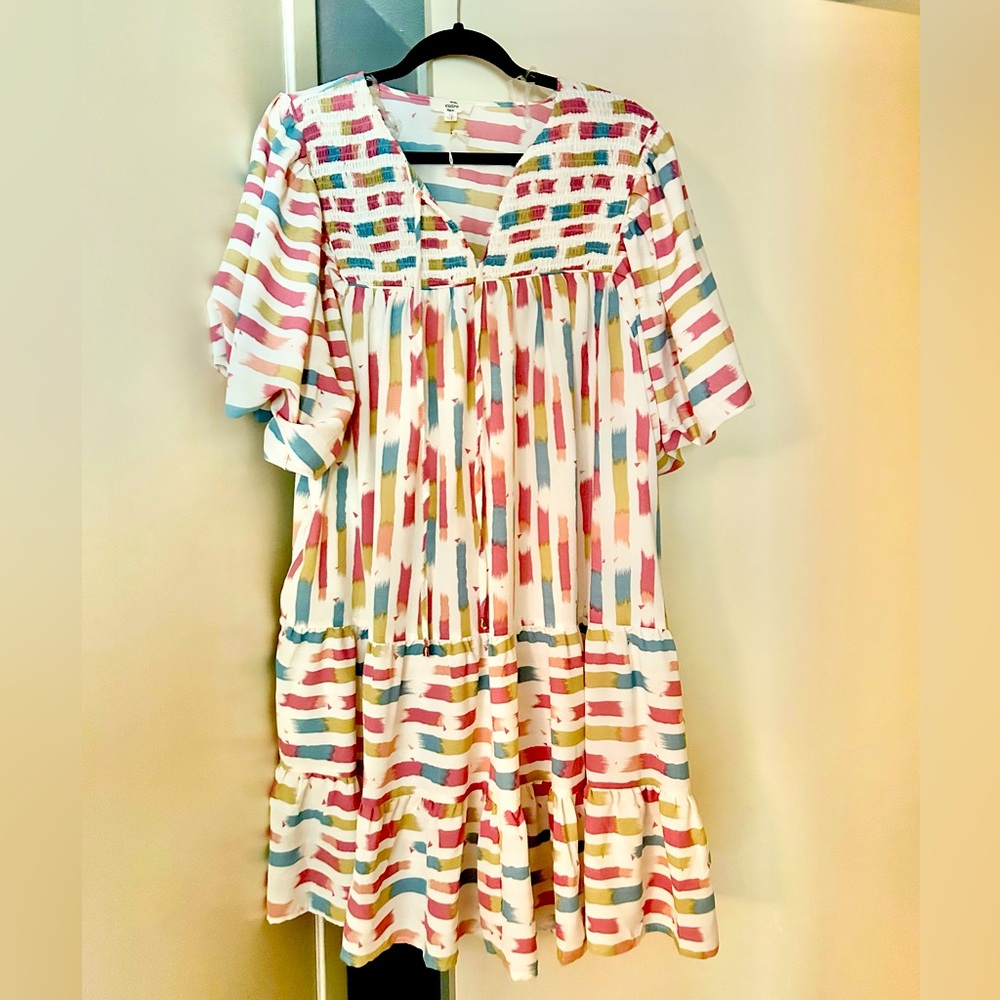 Print Self Tie V-Neck Ruffle Sleeve Dress Plus Size by Entro Clothing